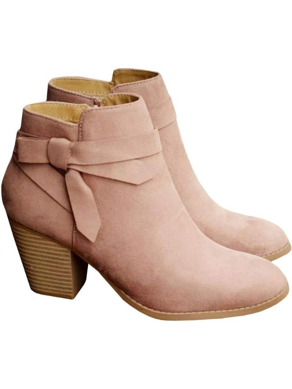Women's Pink Closed Toe Stacked Heel Tie Knot Side ZIP Chelsea Pump Ankle Boots